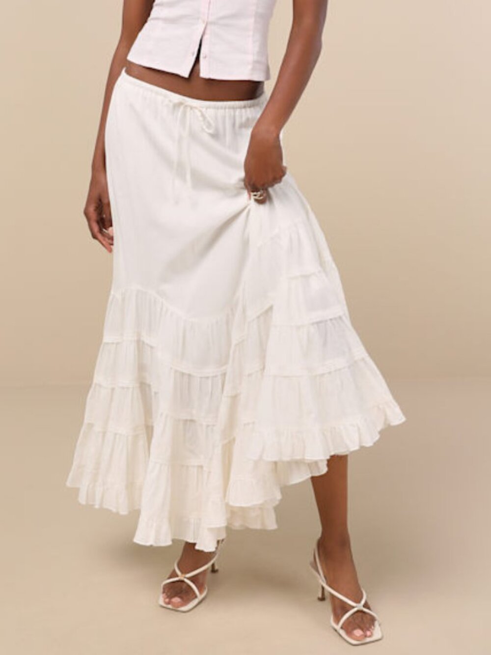 Lulus Bedelia Ivory Tiered Drawstring Maxi Skirt White - Size L
